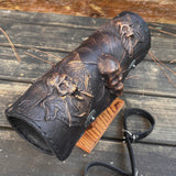 Long Handcrafted Vegetal Leather Rustic Color 3 Embossed Skull Tool Bag-Motorcycle Harley Davidson-Universal Motorcycle Front Fork Bag