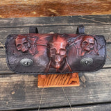 Handcrafted Vegetal Leather Brown Rustic Color 3 Embossed Skull Tool Bag-Motorcycle Harley Davidson-Universal Motorcycle Front Fork Bag