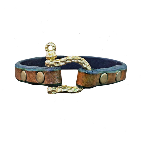 Handcrafted 7.5 inches fit Genuine Leather Unisex Marine Style Fashion Bracelet-Cuff-Gold Color Shackle  Design Bracelet